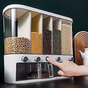 Xilei Dry Food Dispenser, Wall Mounted 5 Grid Bean and Rice Dispenser